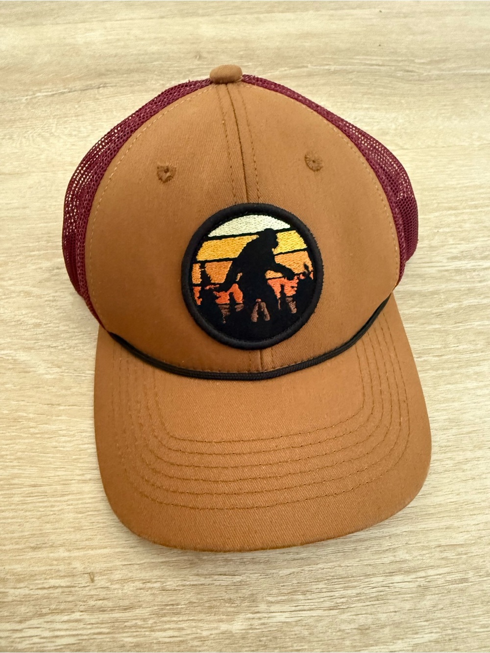 George tan and Bordeaux Sasquatch patch snap back hat